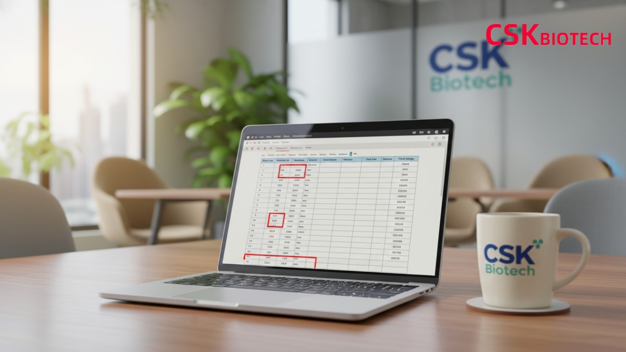 A professional workspace with a CSK Biotech branded mug and a laptop showing financial analysis of supplement manufacturing costs.