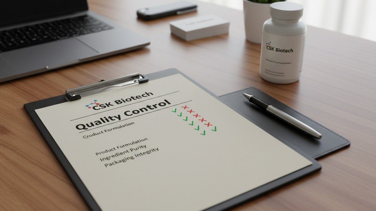 A quality control checklist on a clipboard with corrections, featuring the CSK Biotech brand header on the document.