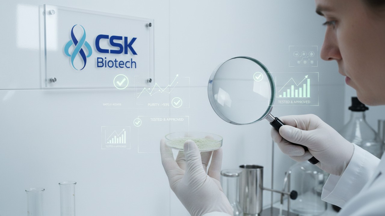 A quality control expert inspecting raw materials in a modern laboratory with a CSK Biotech sign visible on the wall.