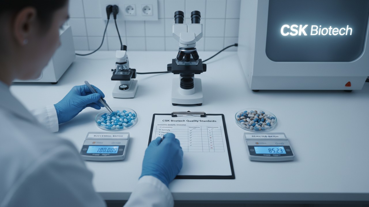 A scientist at a workbench reviewing quality standards for supplement encapsulation with a CSK Biotech checklist visible.