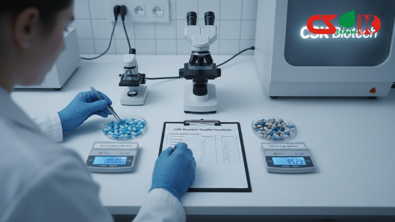 A scientist at a workbench reviewing quality standards for supplement encapsulation with a CSK Biotech checklist visible.