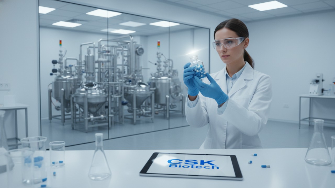 A scientist in a cleanroom laboratory inspecting a bottle of supplements with the CSK Biotech logo visible on a digital screen.