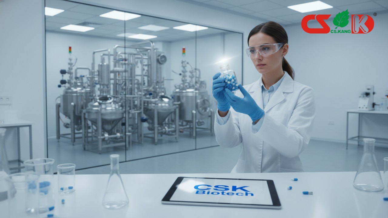 A scientist in a cleanroom laboratory inspecting a bottle of supplements with the CSK Biotech logo visible on a digital screen.