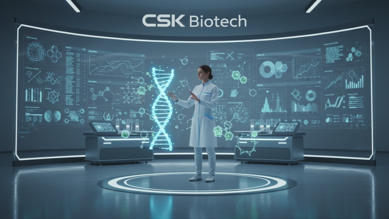 A scientist in a high-tech lab studying a molecular hologram with the CSK Biotech brand name visible on a digital screen.