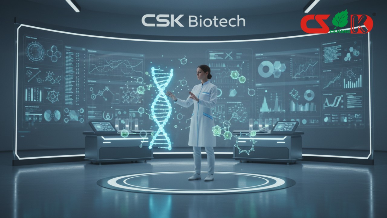 A scientist in a high-tech lab studying a molecular hologram with the CSK Biotech brand name visible on a digital screen.