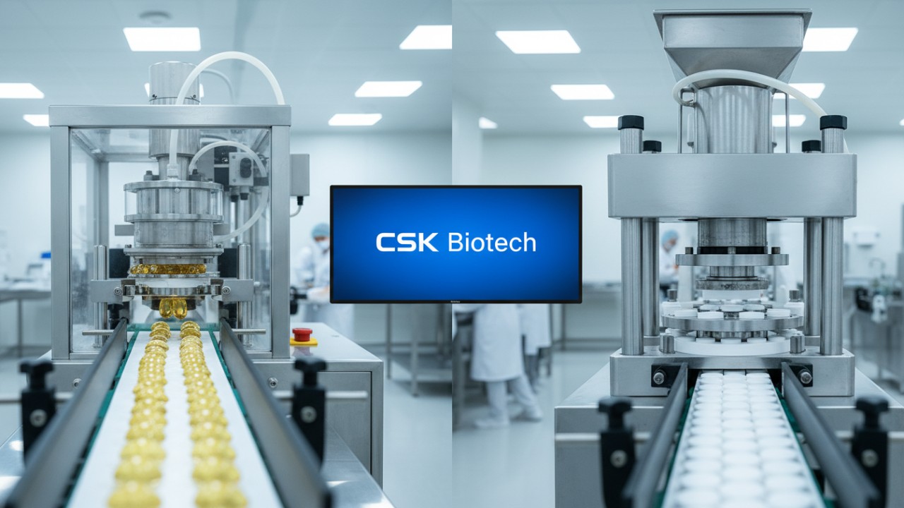 A side by side comparison of softgel encapsulation and tablet compression machinery in a sterile laboratory environment featuring the CSK Biotech brand.