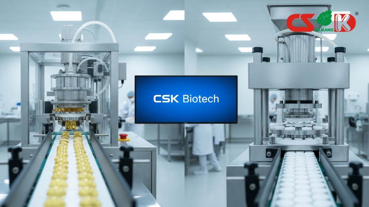 A side by side comparison of softgel encapsulation and tablet compression machinery in a sterile laboratory environment featuring the CSK Biotech brand.