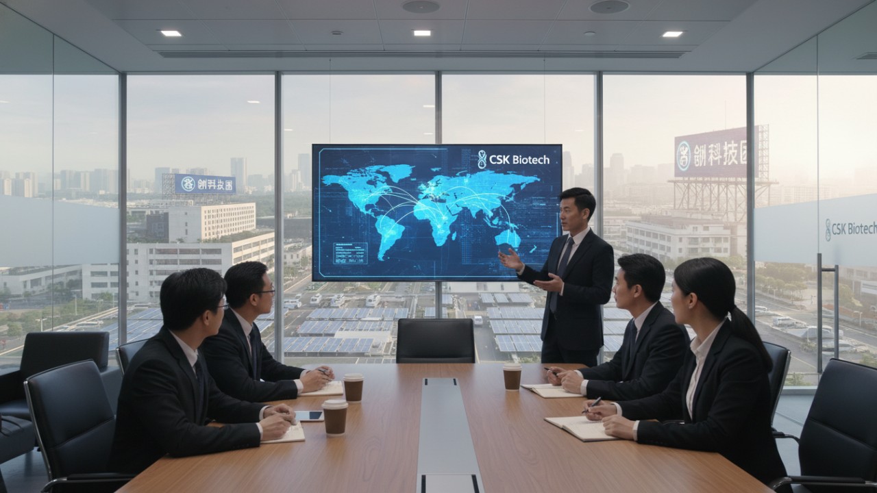 A strategic business meeting focused on optimizing production lead times with the CSK Biotech logo visible on a presentation screen.