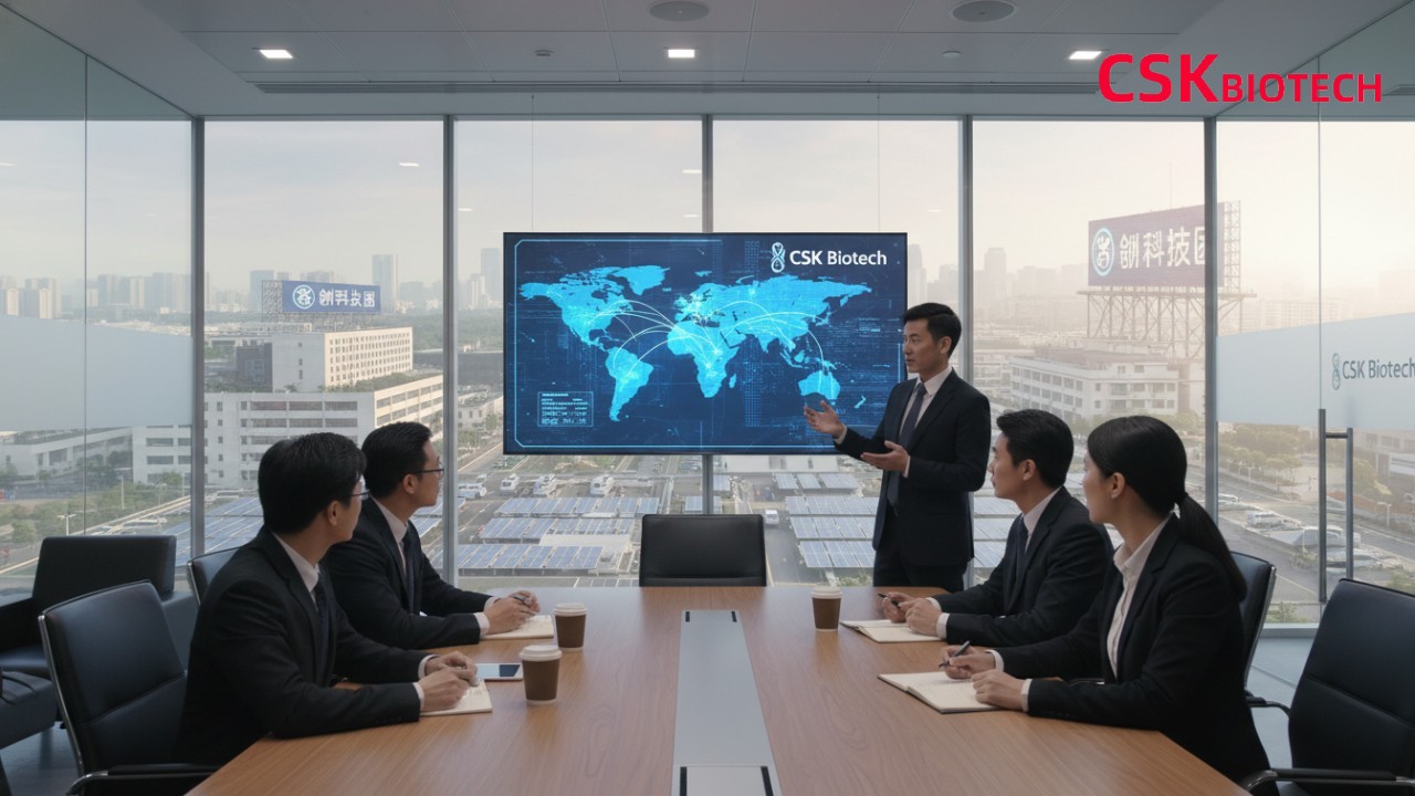 A strategic business meeting focused on optimizing production lead times with the CSK Biotech logo visible on a presentation screen.