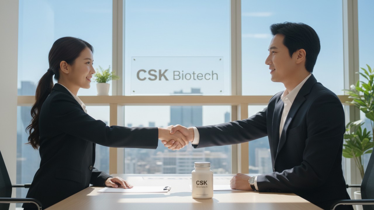 A successful business partnership scene featuring a supplement bottle and the CSK Biotech brand name on an office sign.