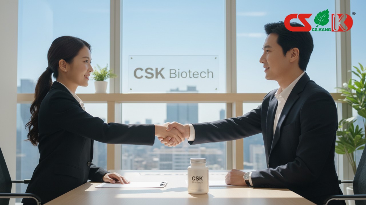 A successful business partnership scene featuring a supplement bottle and the CSK Biotech brand name on an office sign.