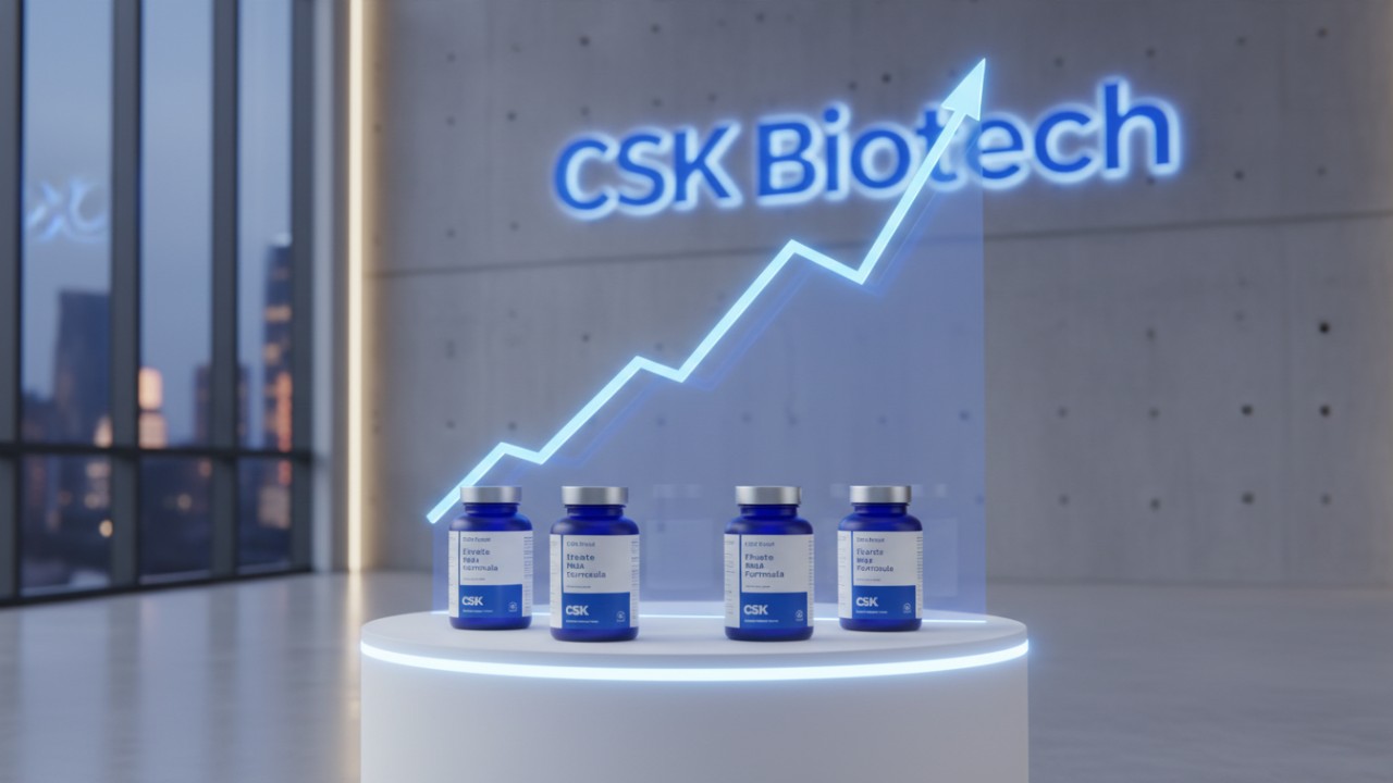 A successful supplement product display in a modern office with a CSK Biotech logo sign