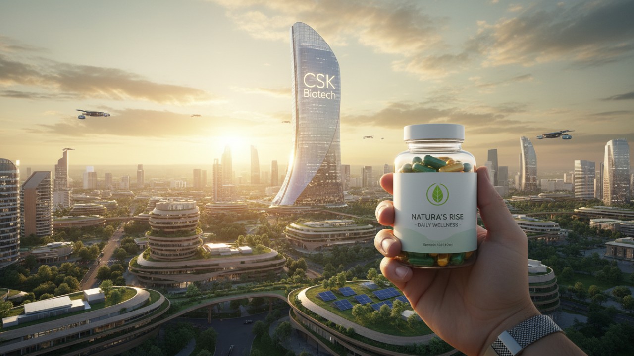A sunrise over a sustainable city with a hand holding a supplement bottle and the CSK Biotech logo on a building.