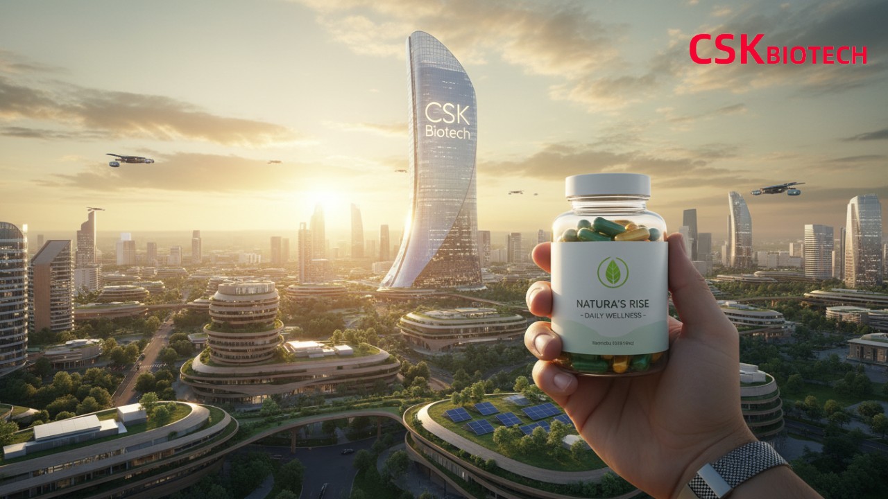 A sunrise over a sustainable city with a hand holding a supplement bottle and the CSK Biotech logo on a building.