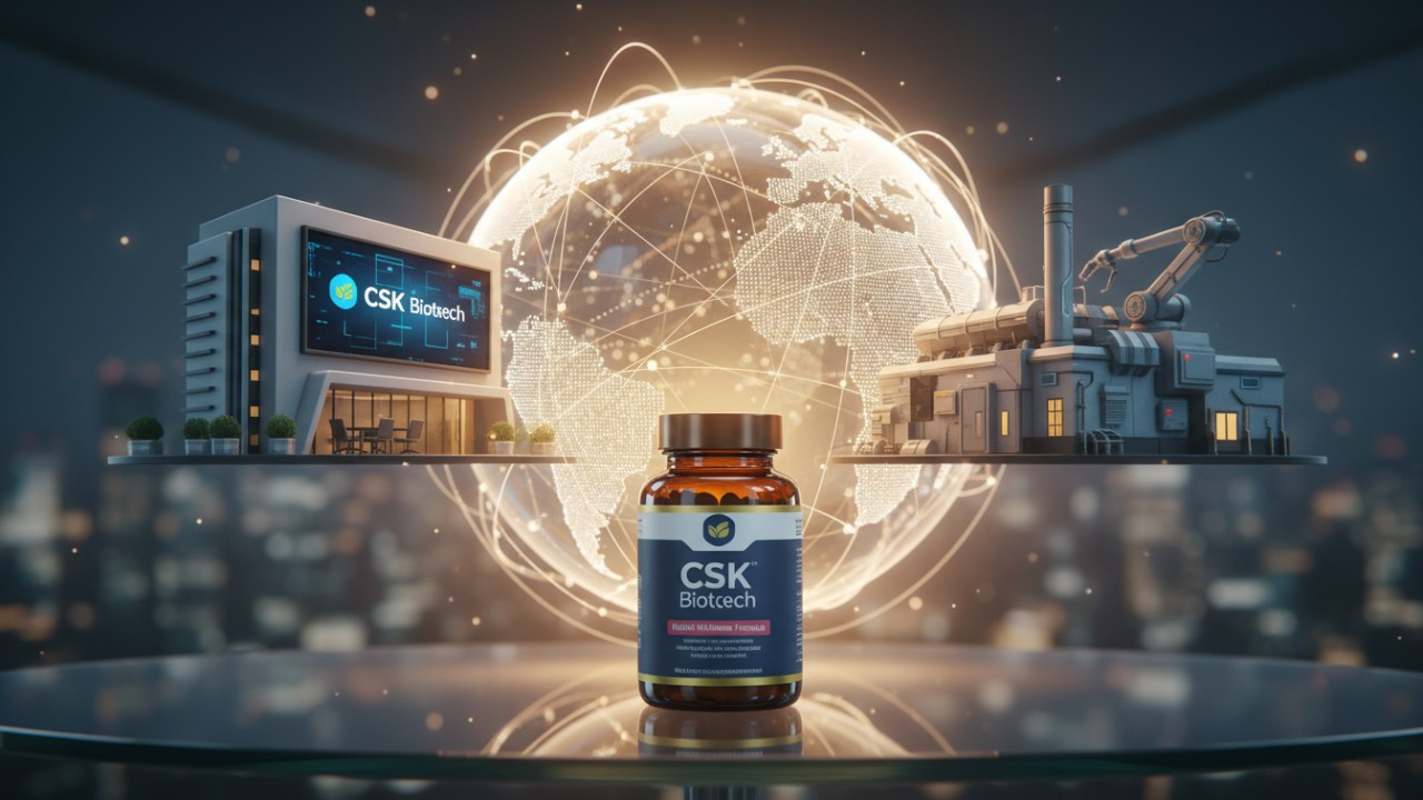 A symbolic image of a CSK Biotech supplement bottle in front of a connected global map representing a successful remote factory audit.