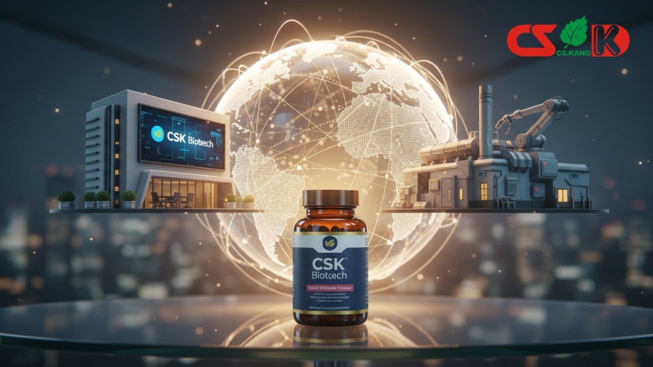 A symbolic image of a CSK Biotech supplement bottle in front of a connected global map representing a successful remote factory audit.