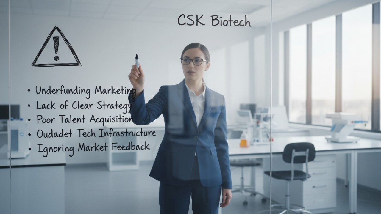 A vector illustration of a consultant next to a whiteboard listing business mistakes, featuring the brand name CSK Biotech
