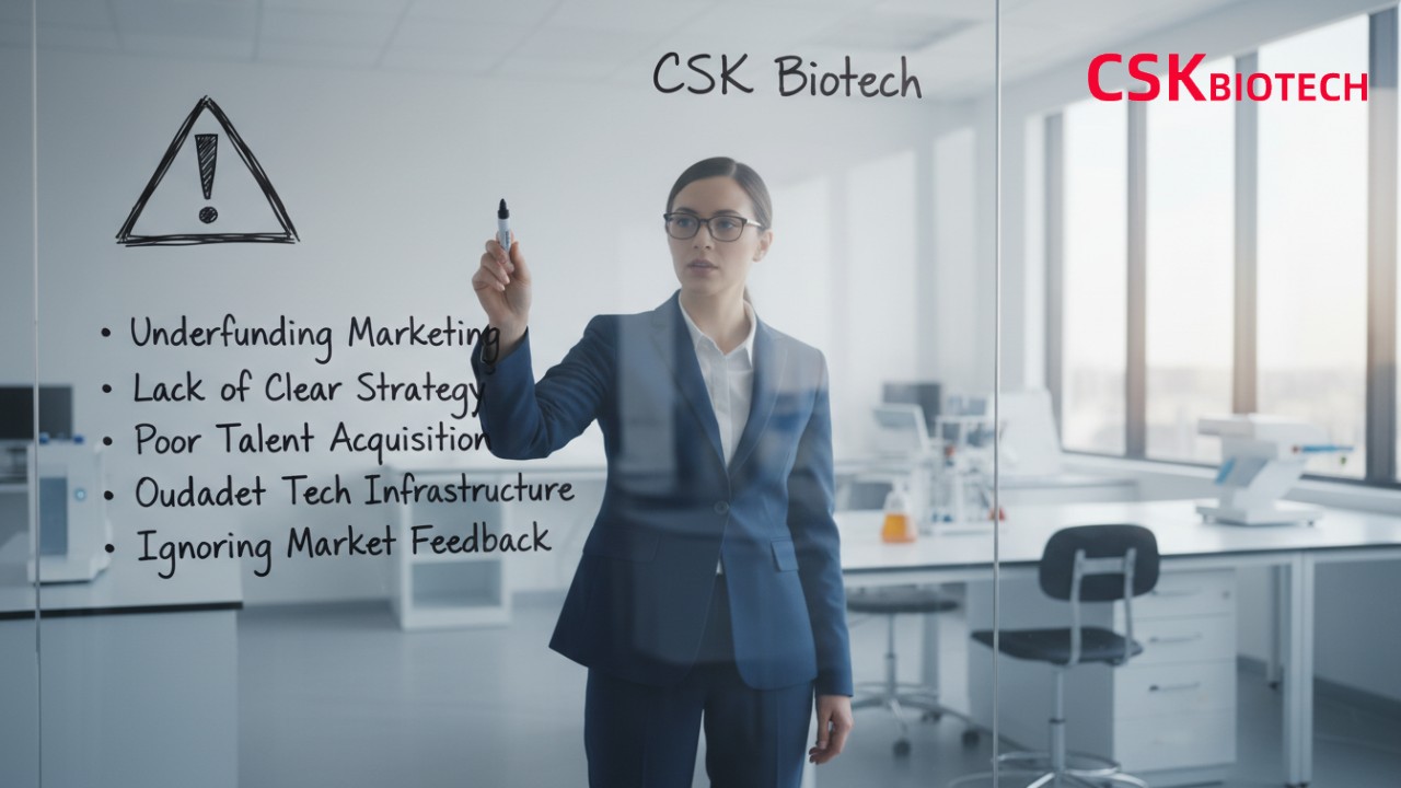 A vector illustration of a consultant next to a whiteboard listing business mistakes, featuring the brand name CSK Biotech