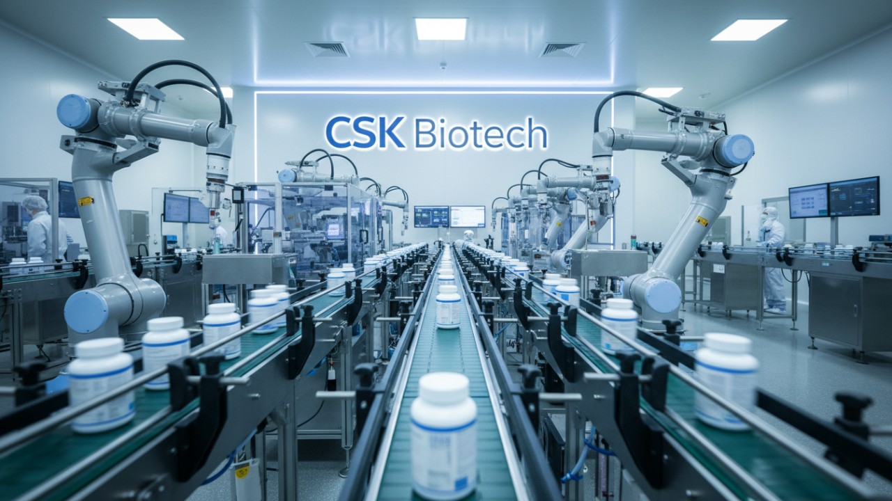 A wide view of an advanced automated supplement production line inside a facility featuring a large CSK Biotech sign.