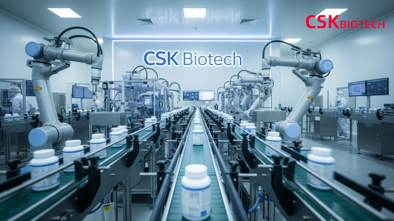 A wide view of an advanced automated supplement production line inside a facility featuring a large CSK Biotech sign.