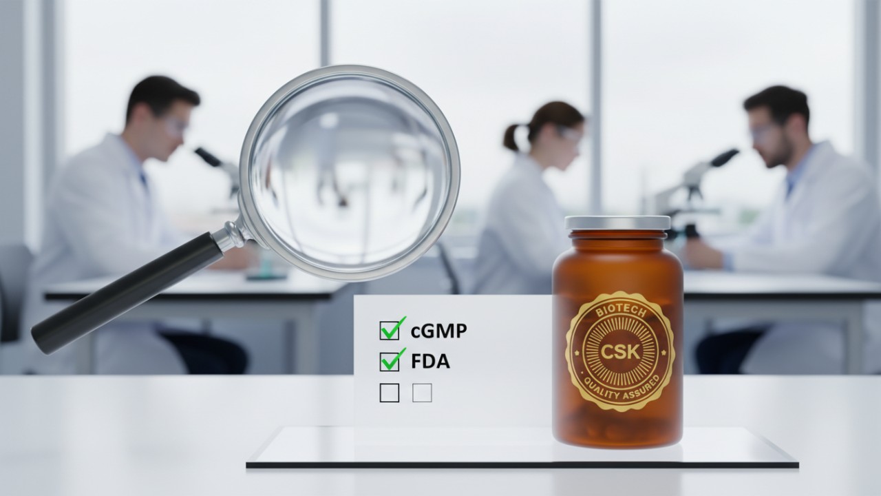 A_conceptual_graphic_representing_FDA_compliance_and_cGMP_quality_assurance_with_a_checklist_and_a_gold_seal_of_approval_in_a_laboratory_setting_