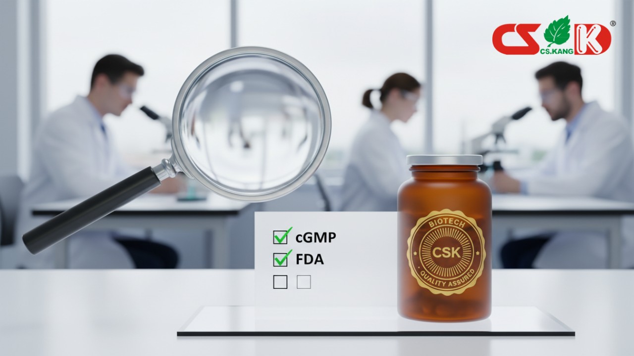 A_conceptual_graphic_representing_FDA_compliance_and_cGMP_quality_assurance_with_a_checklist_and_a_gold_seal_of_approval_in_a_laboratory_setting_ A_conceptual_graphic_representing_FDA_compliance_and_cGMP_quality_assurance_with_a_checklist_and_a_gold_seal_of_approval_in_a_laboratory_setting_