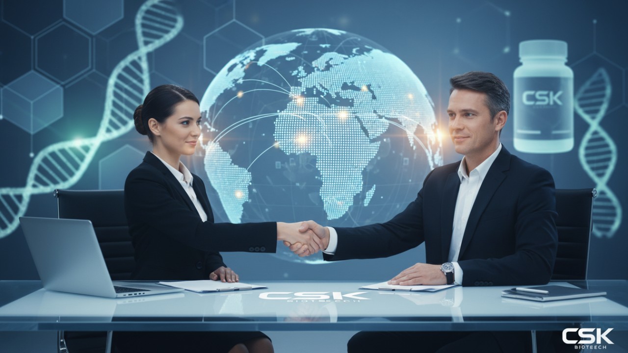 A_professional_illustration_symbolizing_a_strategic_partnership_between_global_brands_and_a_biotech_company__featuring_a_world_map_and_a_business_handshake_