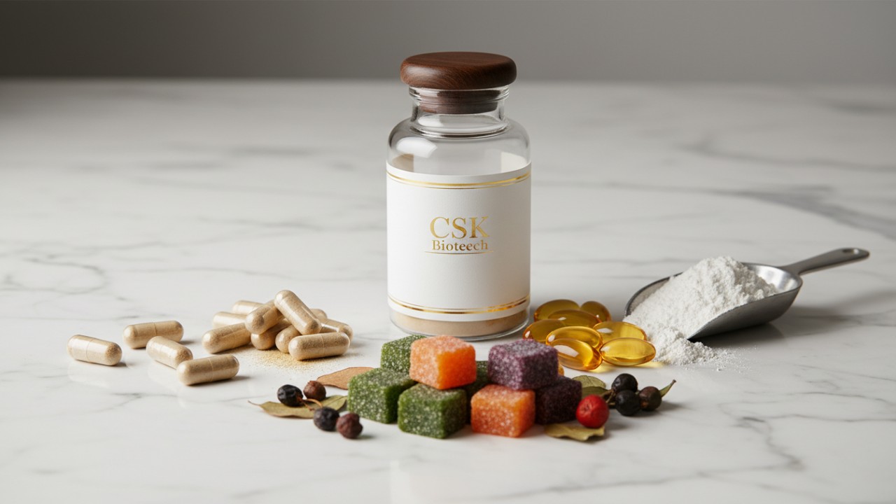 An assortment of supplement delivery systems including capsules and gummies surrounding a CSK Biotech branded bottle.
