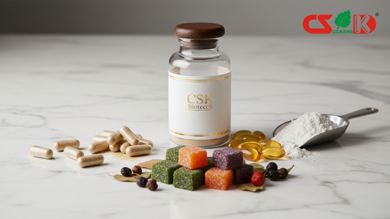An assortment of supplement delivery systems including capsules and gummies surrounding a CSK Biotech branded bottle.