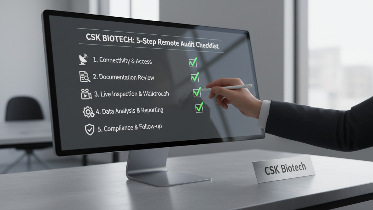 An illustration of a 5-step remote audit checklist on a computer screen in a professional office with CSK Biotech branding.