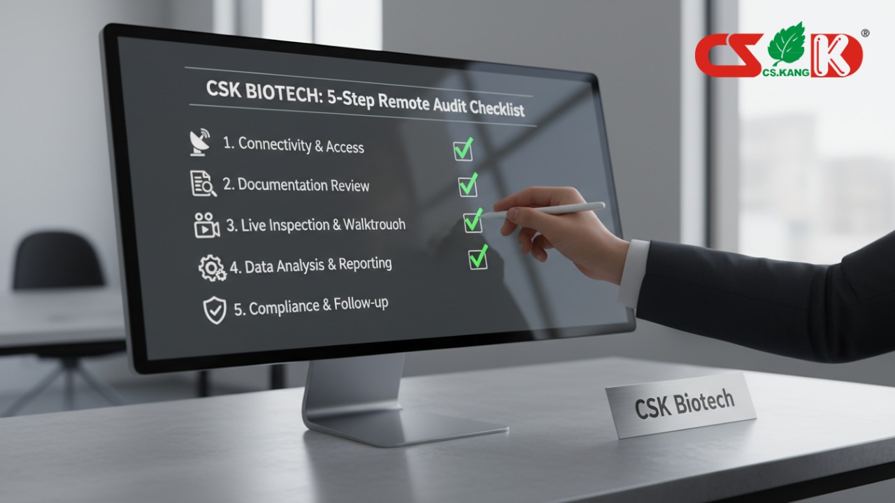 An illustration of a 5-step remote audit checklist on a computer screen in a professional office with CSK Biotech branding.