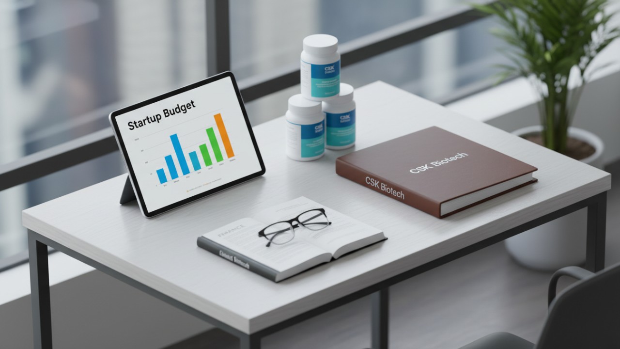 An isometric 3D illustration of a desk with a tablet showing startup costs, supplement bottles, and a business plan binder labeled CSK Biotech