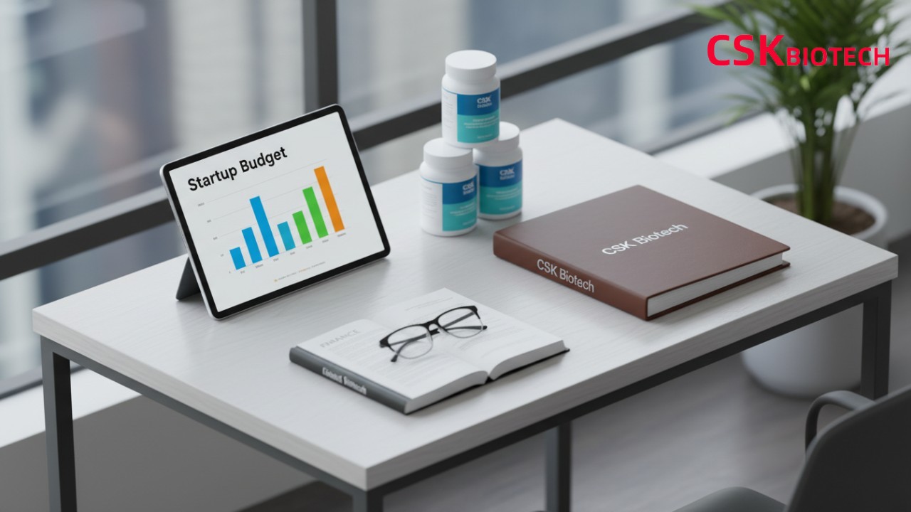 An isometric 3D illustration of a desk with a tablet showing startup costs, supplement bottles, and a business plan binder labeled CSK Biotech