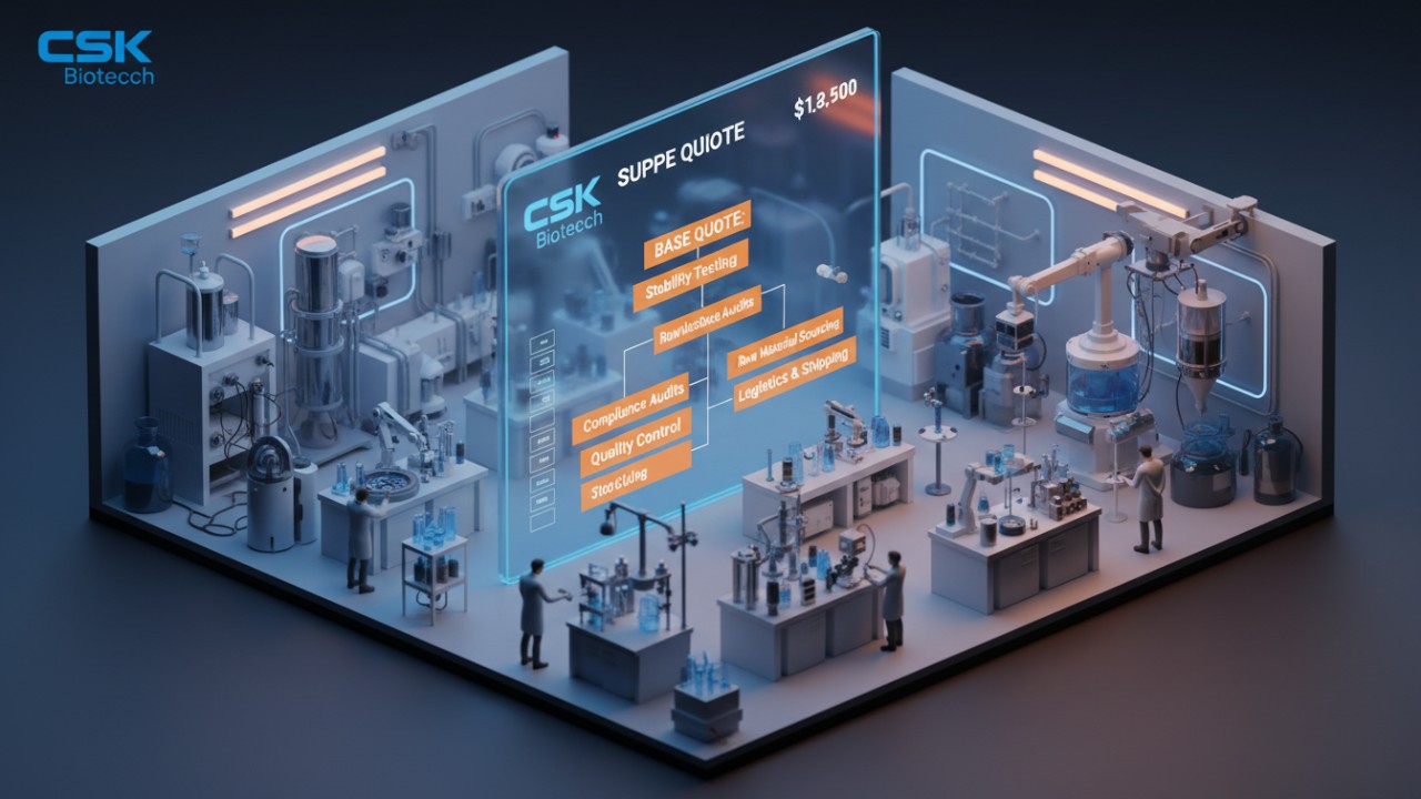 An isometric illustration showing a digital screen with hidden manufacturing costs for supplements and the CSK Biotech logo.