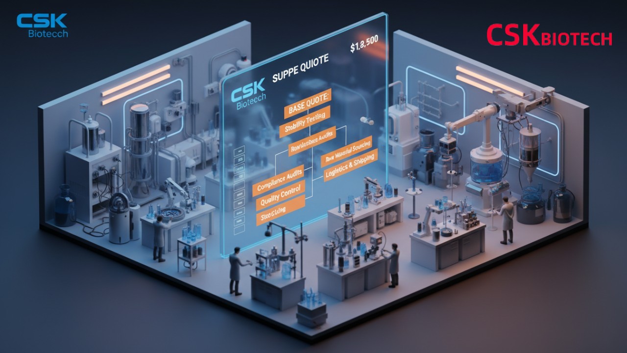 An isometric illustration showing a digital screen with hidden manufacturing costs for supplements and the CSK Biotech logo.