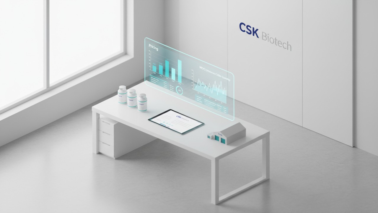 An isometric illustration showing financial charts on a holographic screen and a tablet with the brand name CSK Biotech on a white desk.