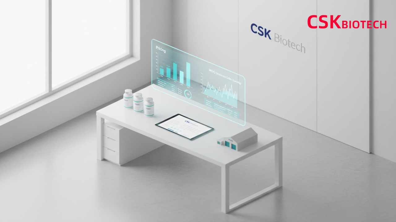 An isometric illustration showing financial charts on a holographic screen and a tablet with the brand name CSK Biotech on a white desk.