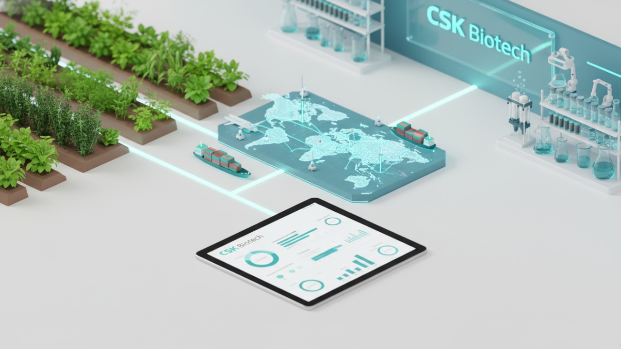 An isometric illustration showing the journey of supplement ingredients from a farm to a high-tech laboratory with the CSK Biotech logo on a digital screen.