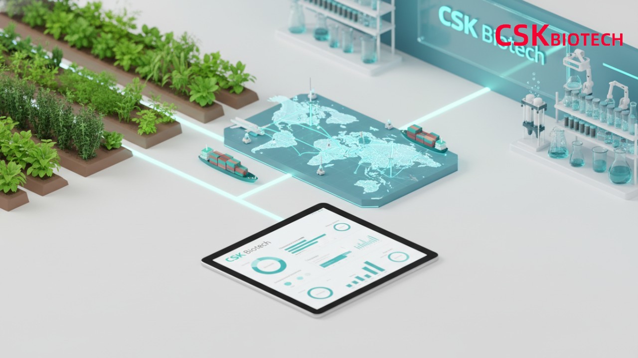 An isometric illustration showing the journey of supplement ingredients from a farm to a high-tech laboratory with the CSK Biotech logo on a digital screen.