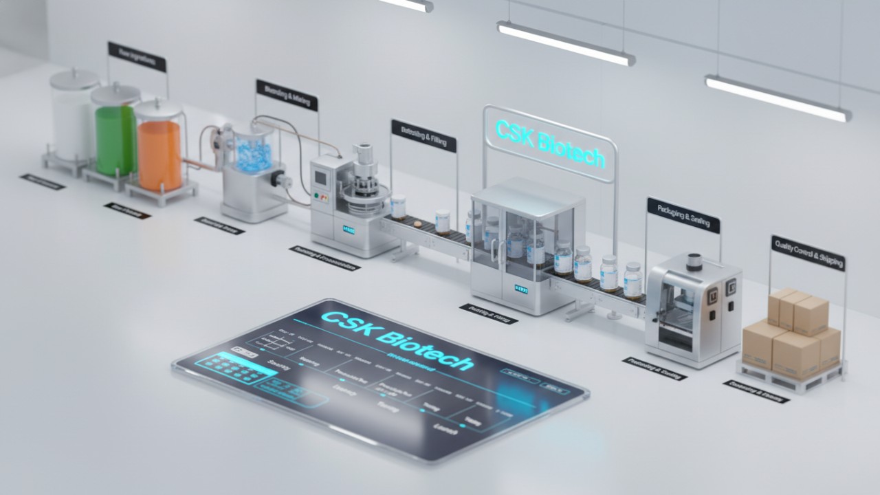 An isometric infographic illustrating the various stages of the supplement manufacturing timeline featuring the CSK Biotech brand.