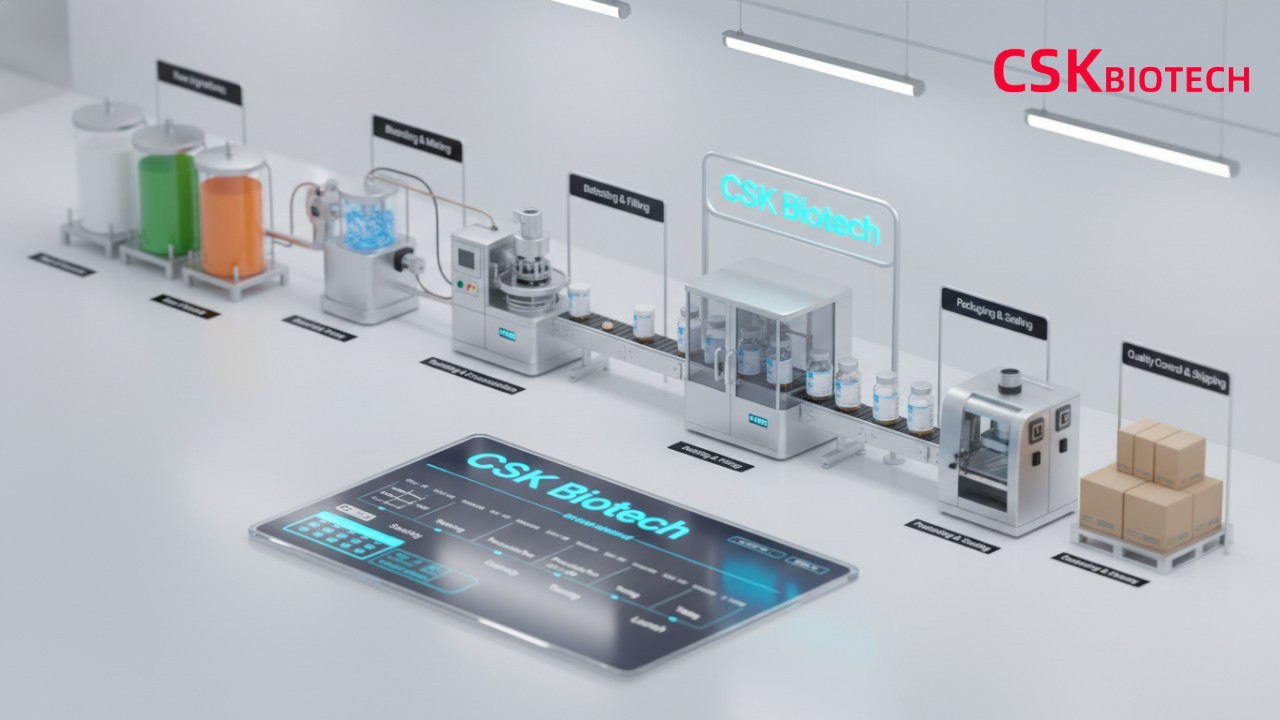 An isometric infographic illustrating the various stages of the supplement manufacturing timeline featuring the CSK Biotech brand.