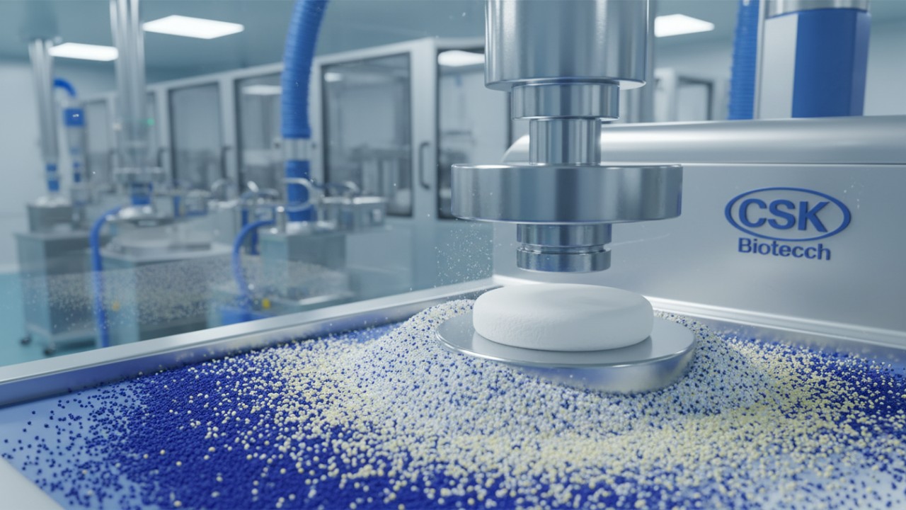 An_illustration_showing_the_compression_process_of_nutritional_powder_into_a_solid_white_tablet_in_a_clean_room_manufacturing_facility_