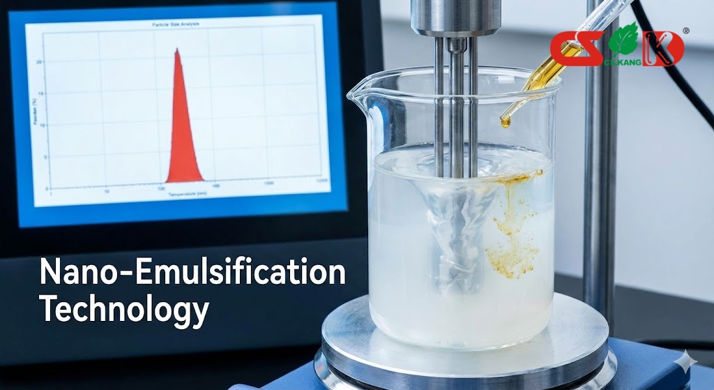 Bioavailability Comparison Laboratory setup showing nano-emulsification process with a graph displaying particle size analysis.
