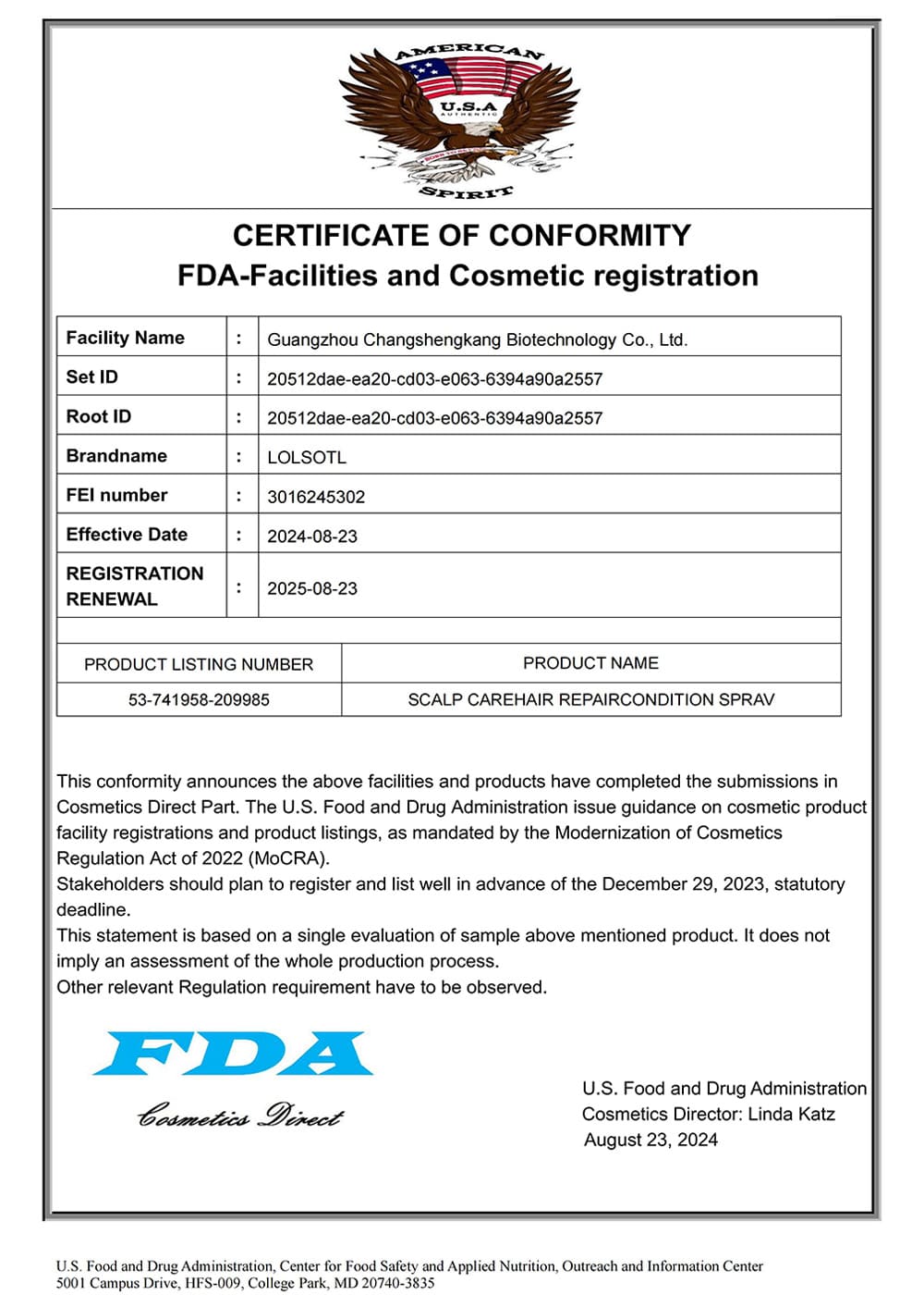 Cosmetic Registration Certificate