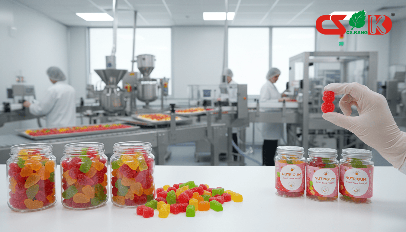 gummy supplement manufacturer Nutrigum gummy vitamins being produced in a sterile factory environment.