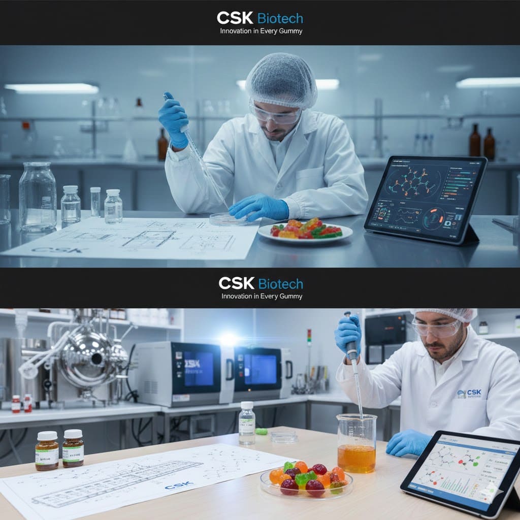 CSK Biotech laboratory scene with a scientist working on gummy innovation. - CSK Biotech