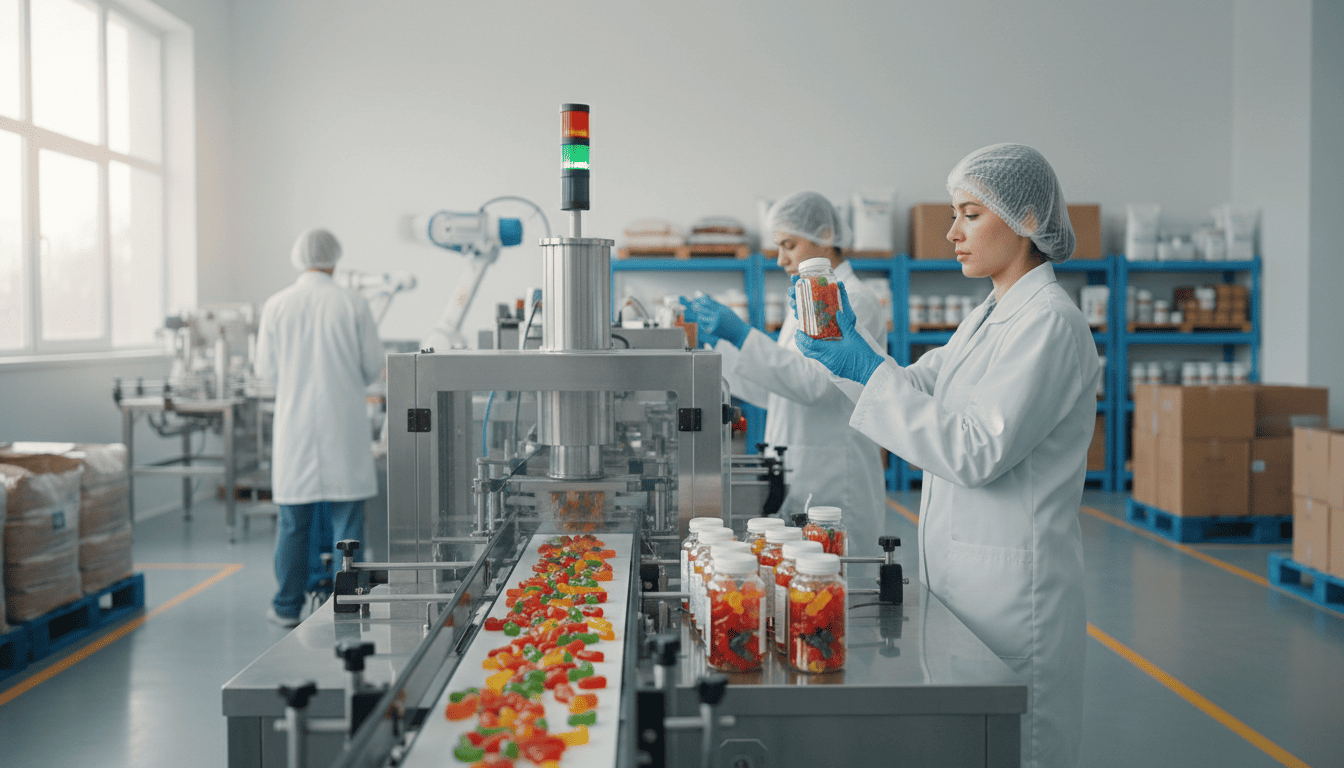 Gummy candy production line with workers inspecting jars.