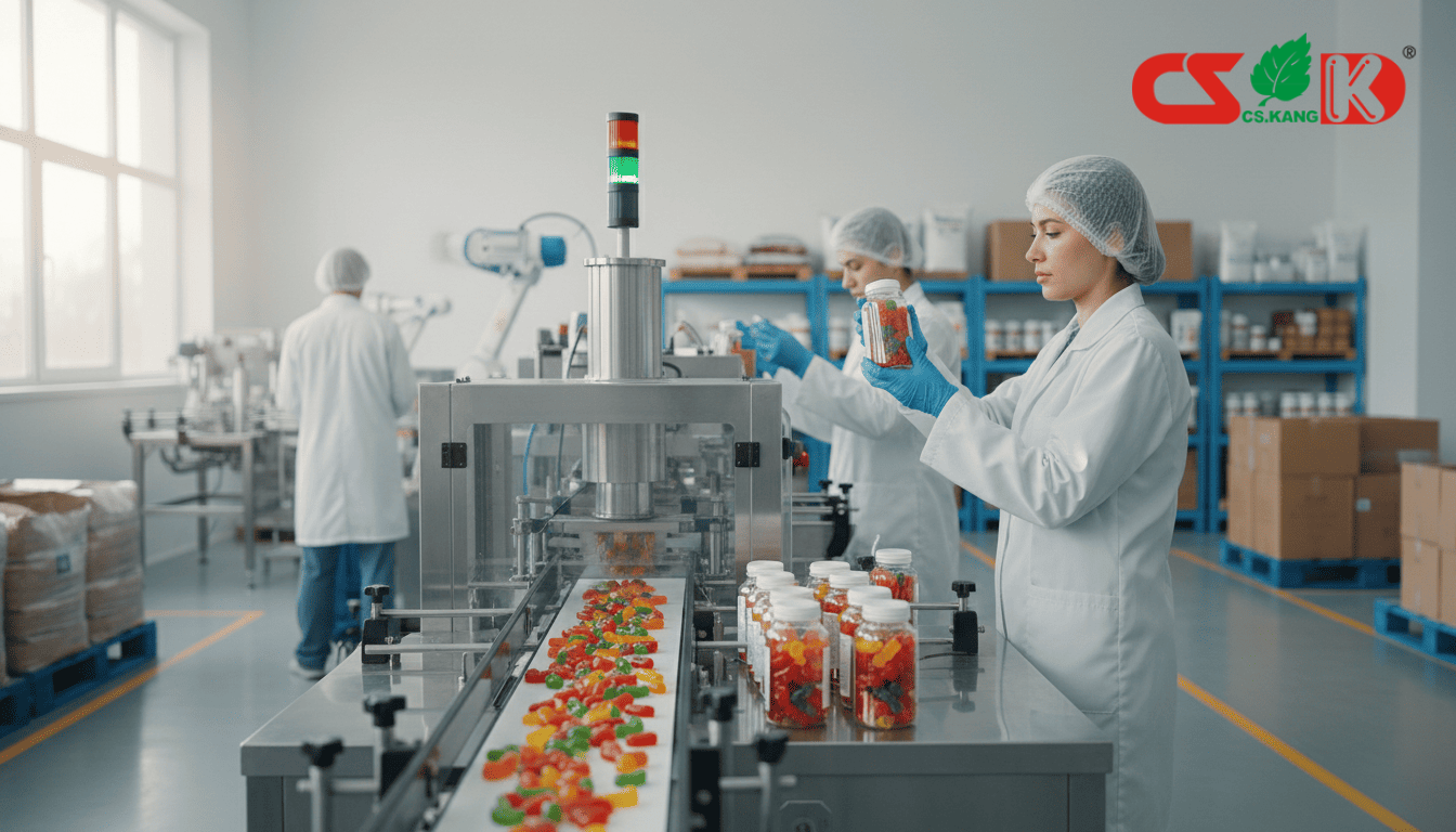 gummy vitamins manufacturer in China Gummy candy production line with workers inspecting jars.
