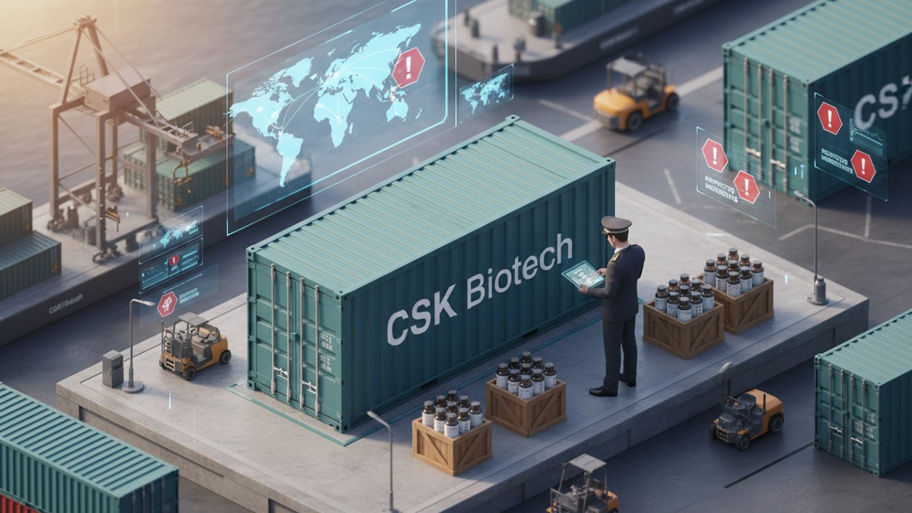 Isometric illustration of a global shipping port featuring a CSK Biotech container and a customs officer inspecting supplement cargo.