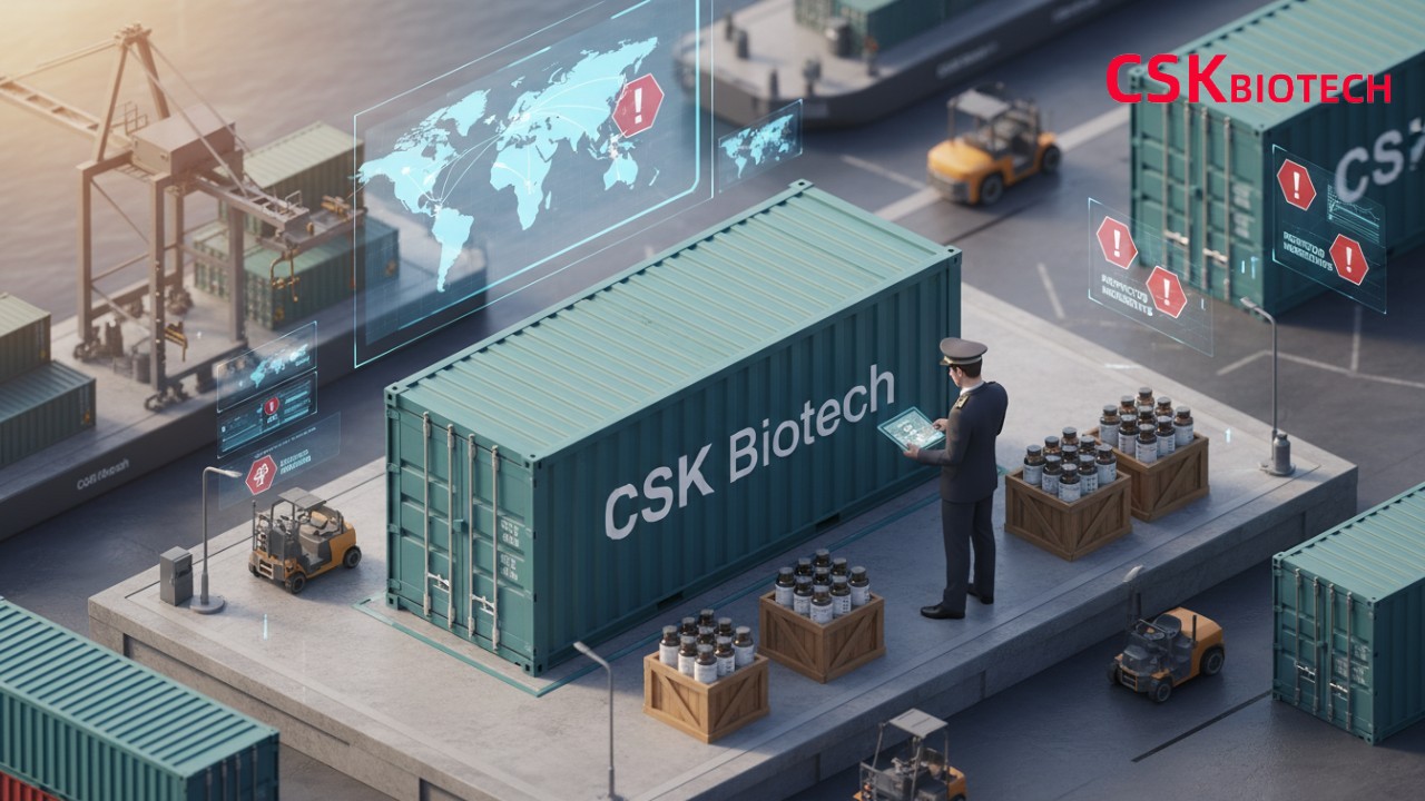 Isometric illustration of a global shipping port featuring a CSK Biotech container and a customs officer inspecting supplement cargo.